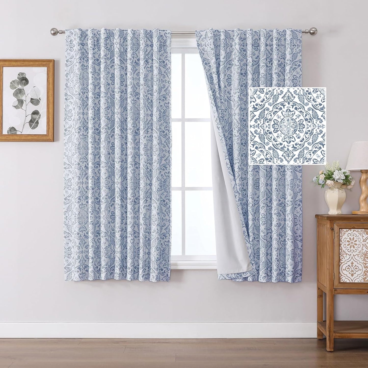 OWENIE Total Blackout Curtains for Bedroom 84 Inches Long 2 Panels, Medallion Printing Thermal Insulated Linen Double Layer Curtains for Living Room, Elegant Back Tab Drapes, Each 52Wx84L, Sage Green