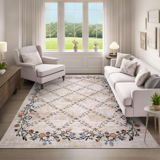 GarveeHome 5x7 Washable Floral Area Rugs for Living Room: Modern Floral Non Slip Large Area Rugs for Bedroom, Large Machine Washable Living Room Low Pile Carpet with Non-Slip Backing Beige 5'x7'.
