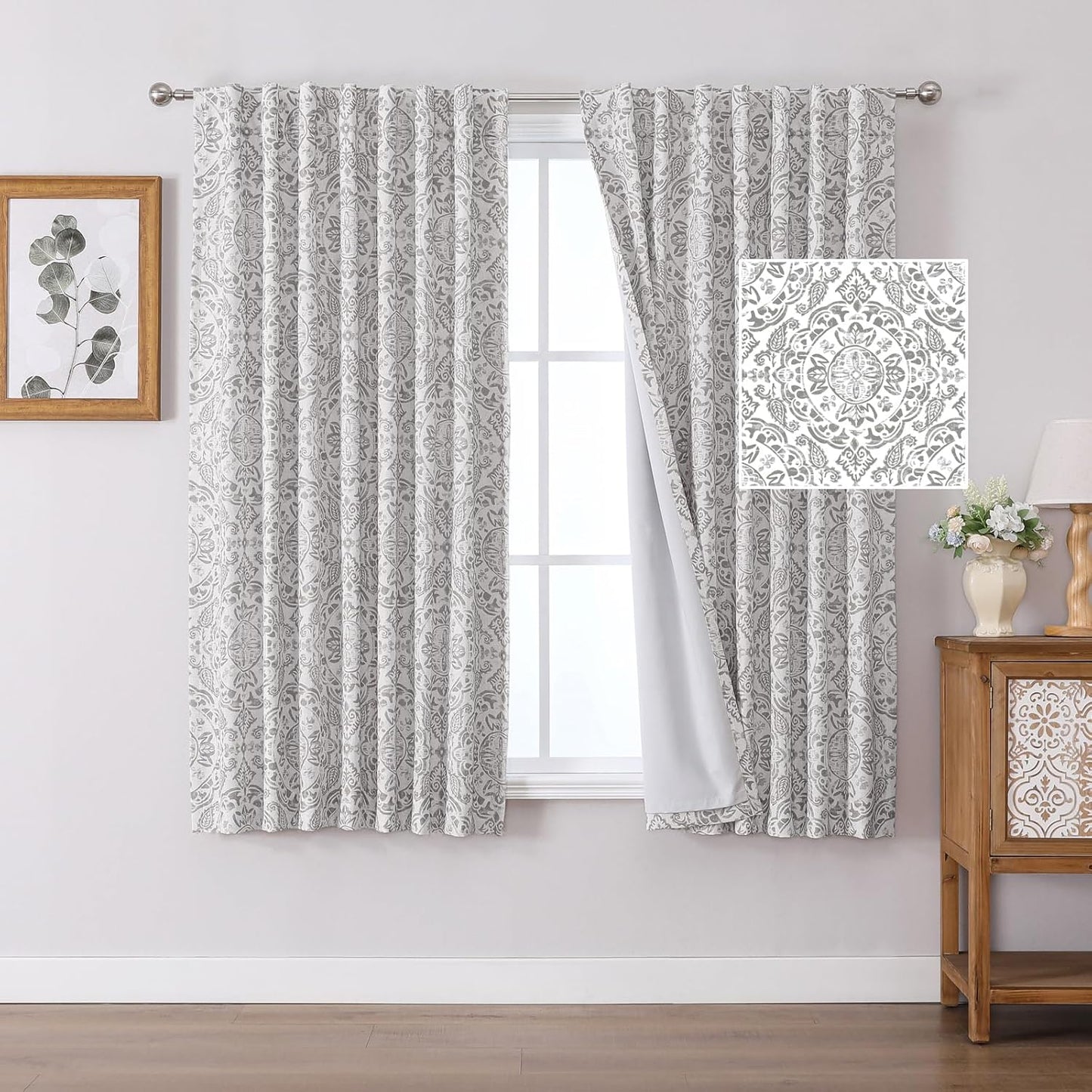 OWENIE Total Blackout Curtains for Bedroom 84 Inches Long 2 Panels, Medallion Printing Thermal Insulated Linen Double Layer Curtains for Living Room, Elegant Back Tab Drapes, Each 52Wx84L, Sage Green