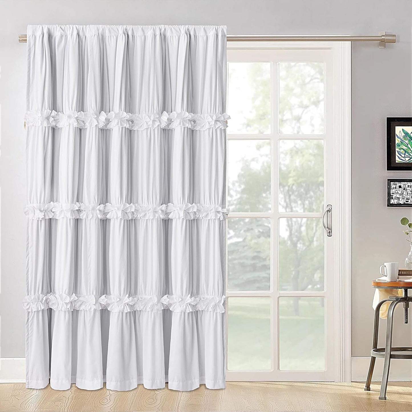Thermal Insulated Blackout Window Curtains, 54" W x 84" L x 2 Panels, Boho Ruched Window Treatments with 3 Rows of Butterfly Flowers, Rustic Rod Pocket Drapes for Room, White (LQ-30)