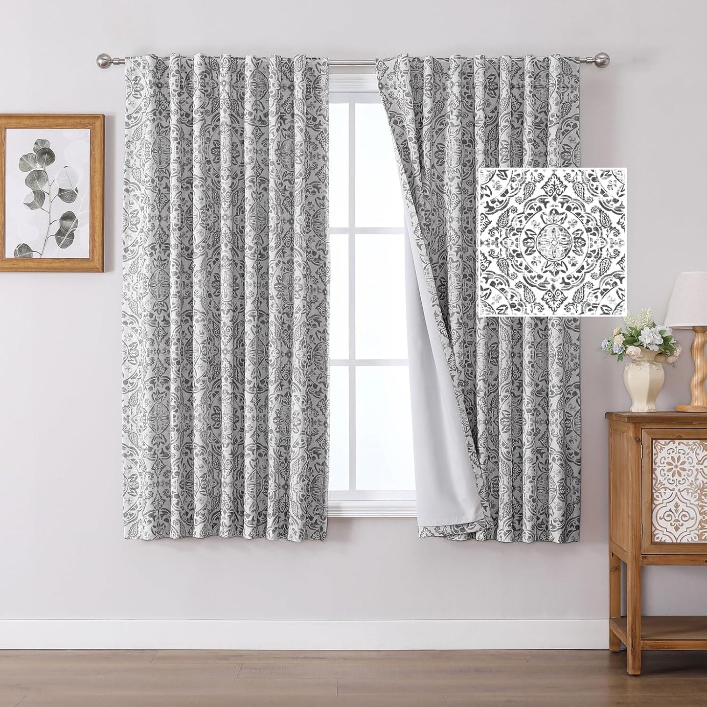 OWENIE Total Blackout Curtains for Bedroom 84 Inches Long 2 Panels, Medallion Printing Thermal Insulated Linen Double Layer Curtains for Living Room, Elegant Back Tab Drapes, Each 52Wx84L, Sage Green