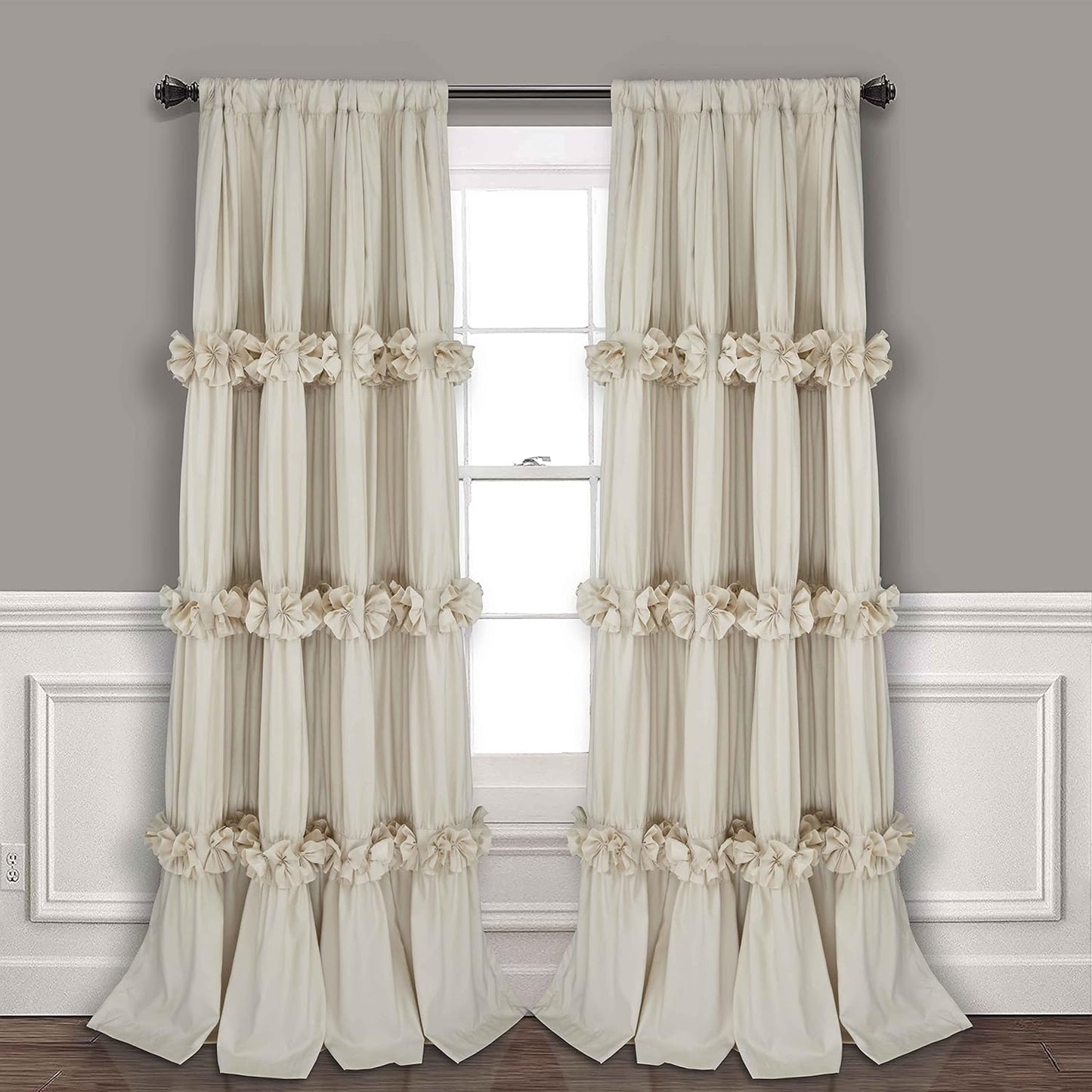 Thermal Insulated Blackout Window Curtains, 54" W x 84" L x 2 Panels, Boho Ruched Window Treatments with 3 Rows of Butterfly Flowers, Rustic Rod Pocket Drapes for Room, White (LQ-30)