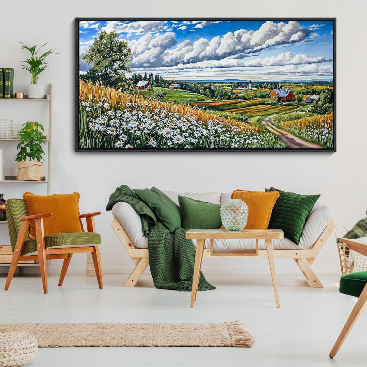 HKDGOKA Large Landscape Canvas Wall Art, Green Mountains Purple Clouds Flower Scenery Canvas Pictures Paintings Artwork for Living Room Bedroom Office Kitchen Home Wall Decor 32x71 IN