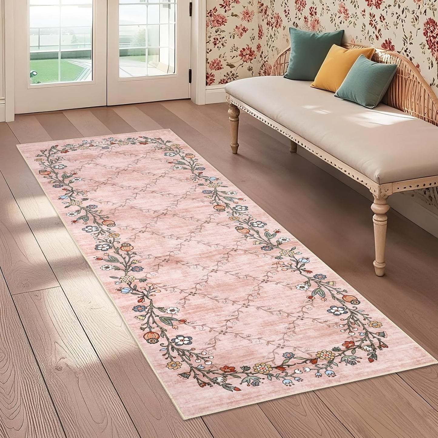 GarveeHome 5x7 Washable Floral Area Rugs for Living Room: Modern Floral Non Slip Large Area Rugs for Bedroom, Large Machine Washable Living Room Low Pile Carpet with Non-Slip Backing Beige 5'x7'.