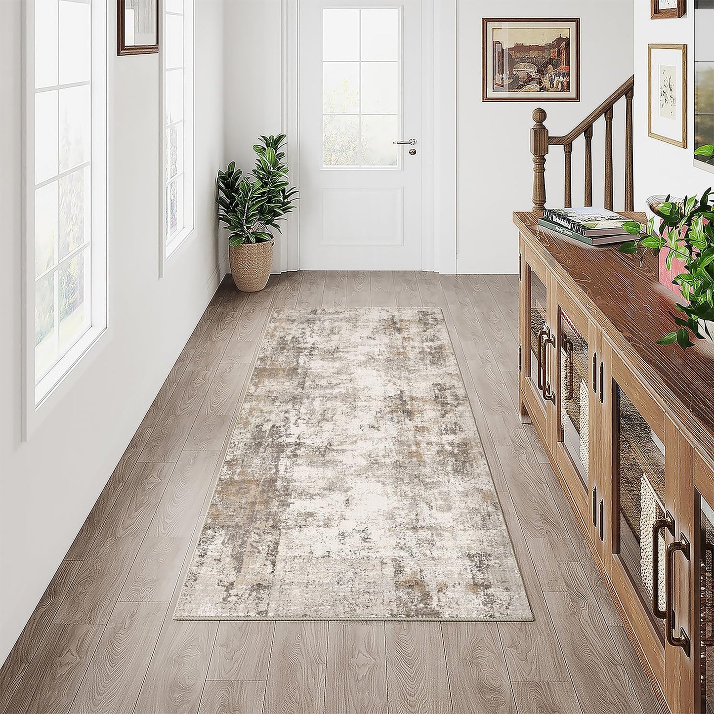6x9 Washable Area Rug Beige Grey Neutral Abstract Living Room Bedroom Large Throw Rug Non Slip Soft Low Pile Indoor Floor Carpet for Dining Room Kitchen Office Entryway