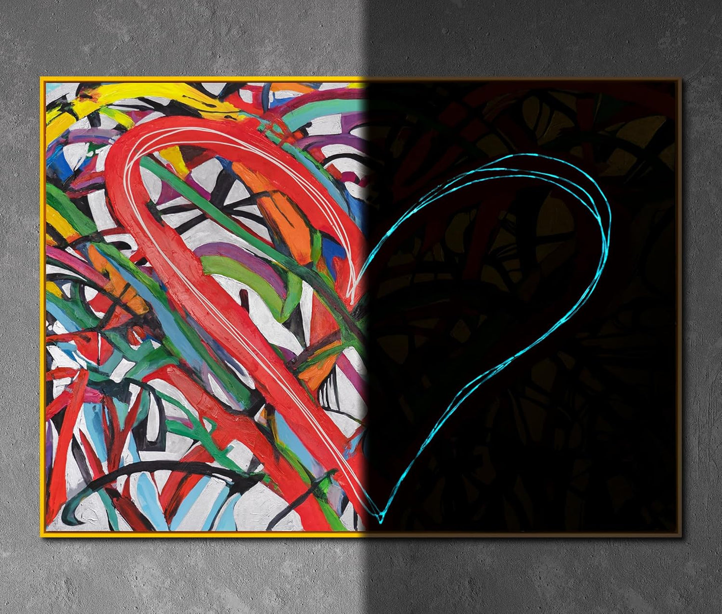 YS-Art Framed Acrylic Glow in The Dark Art Dance of The Hearts Night Light Abstract Modern Artwork Luminous Wall Decor 55x40 inch