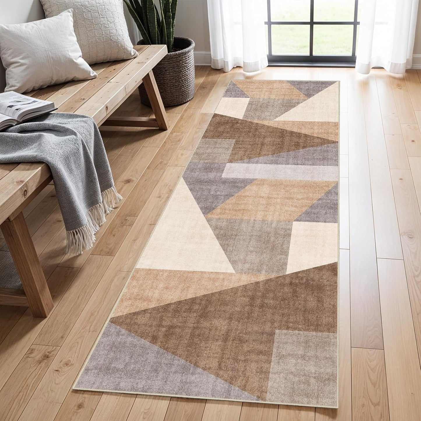 Washable Modern Area Rug: 10x14 Large Geometric Area Rugs for Living Room & Bedroom with Non-Slip Backing Modern Geometric Carpet for Living Room Brown Grey 10'x14'.