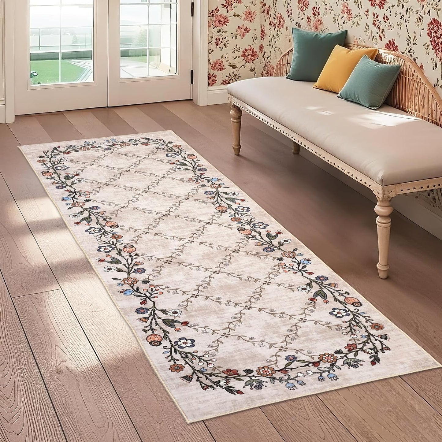 GarveeHome 5x7 Washable Floral Area Rugs for Living Room: Modern Floral Non Slip Large Area Rugs for Bedroom, Large Machine Washable Living Room Low Pile Carpet with Non-Slip Backing Beige 5'x7'.