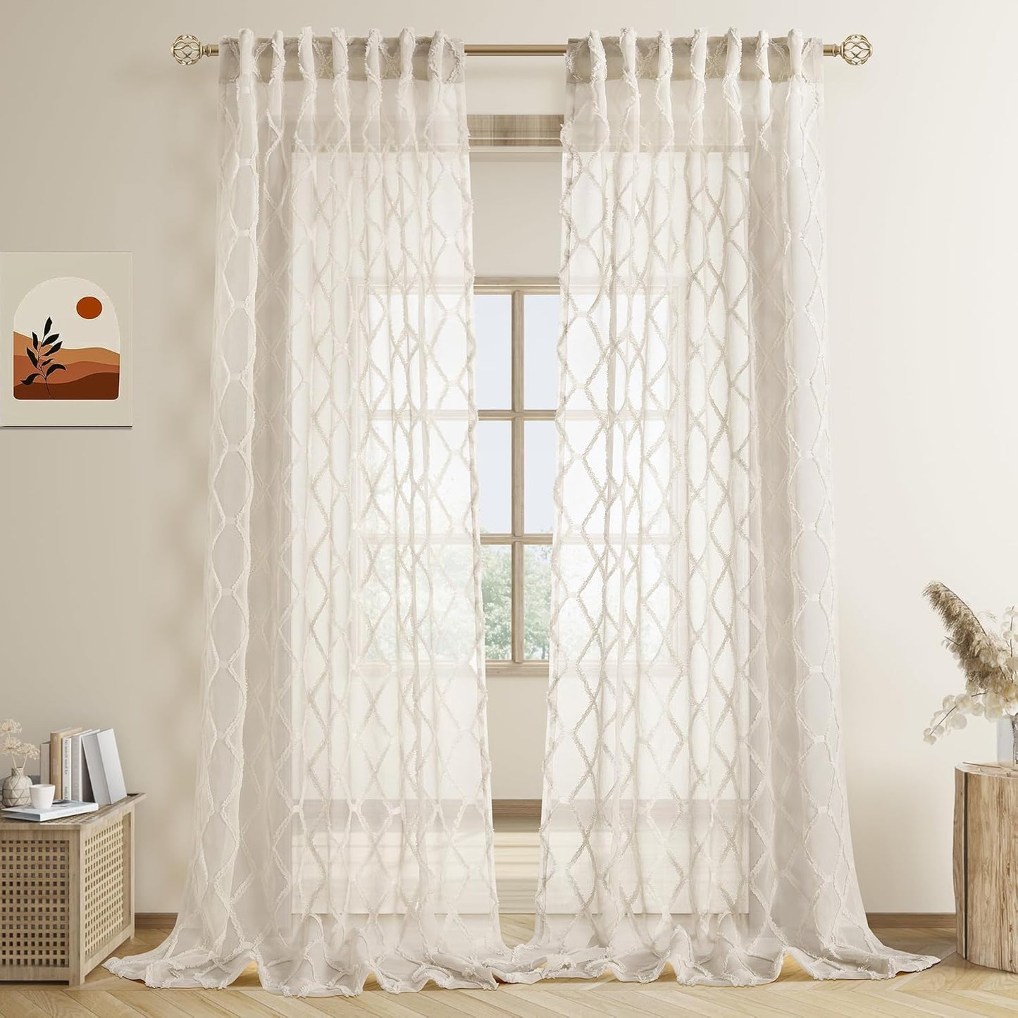 Beige Sheer Curtains 84 Inches Long for Living Room Rod Pocket Back Tab Sand Taupe Tan Semi Sheer Curtain Geometric Embroidered Tuft Pom Textured Drapes Earth Tone Farmhouse Rustic Bedroom Nursery