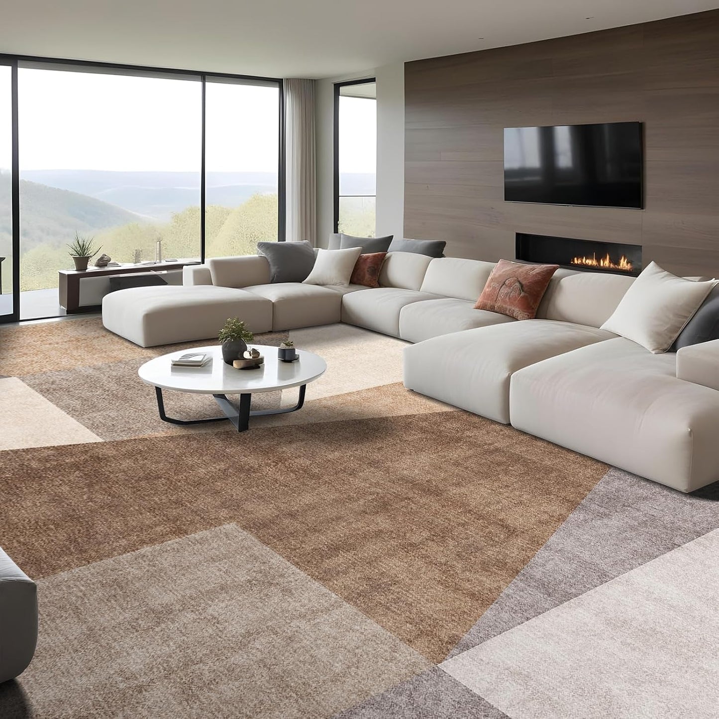 Washable Modern Area Rug: 10x14 Large Geometric Area Rugs for Living Room & Bedroom with Non-Slip Backing Modern Geometric Carpet for Living Room Brown Grey 10'x14'.