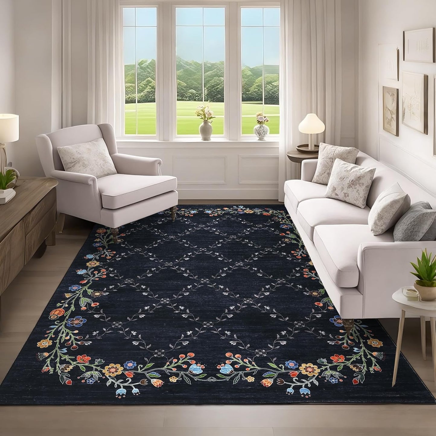 GarveeHome 5x7 Washable Floral Area Rugs for Living Room: Modern Floral Non Slip Large Area Rugs for Bedroom, Large Machine Washable Living Room Low Pile Carpet with Non-Slip Backing Beige 5'x7'.