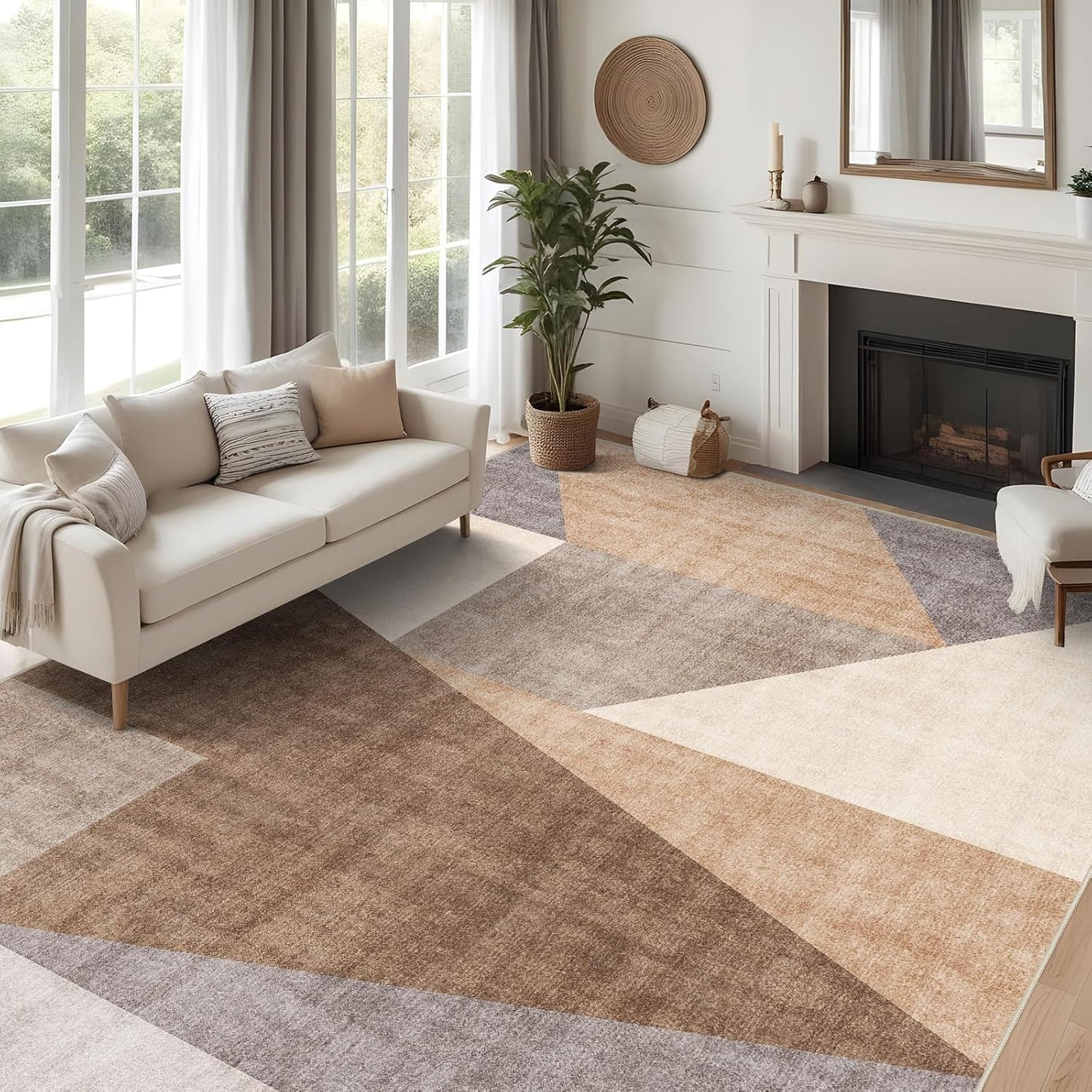 Washable Modern Area Rug: 10x14 Large Geometric Area Rugs for Living Room & Bedroom with Non-Slip Backing Modern Geometric Carpet for Living Room Brown Grey 10'x14'.