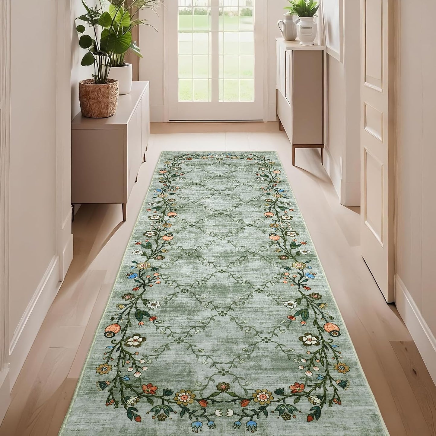 GarveeHome 5x7 Washable Floral Area Rugs for Living Room: Modern Floral Non Slip Large Area Rugs for Bedroom, Large Machine Washable Living Room Low Pile Carpet with Non-Slip Backing Beige 5'x7'.
