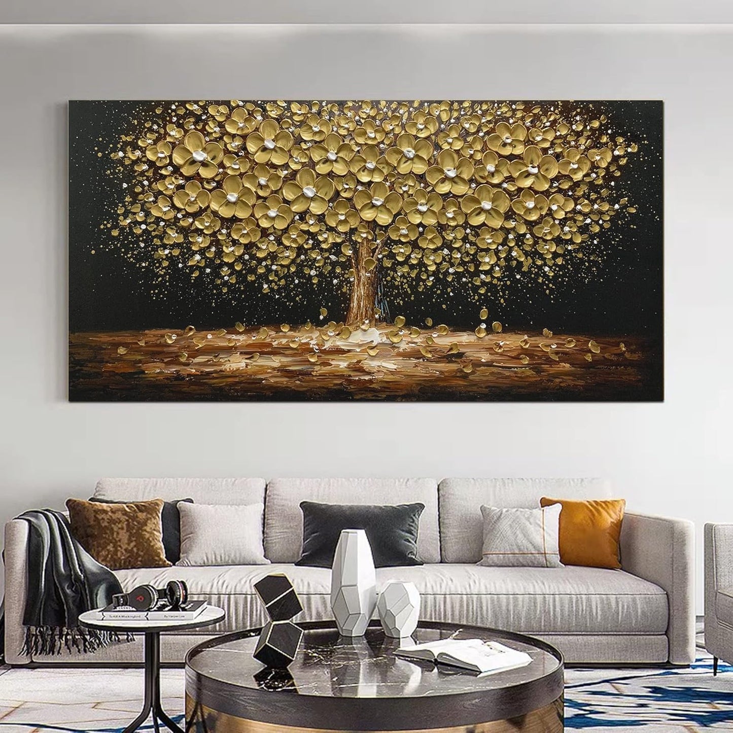 Art8YuQi Paintings - Contemporary Abstract Art Oil Painting On Canvas Texture 3D Golden Tree Gary Painting Handmade Artwork Picture Canvas Wall Art Modern Home Decor living room Ready to Hang