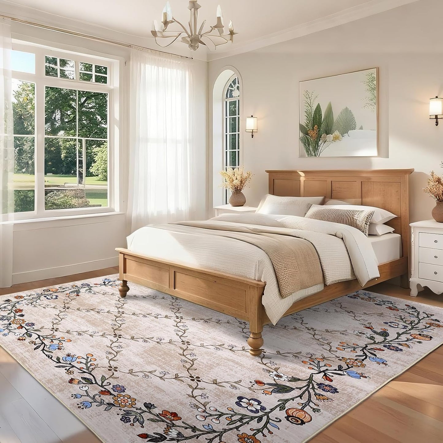 GarveeHome 5x7 Washable Floral Area Rugs for Living Room: Modern Floral Non Slip Large Area Rugs for Bedroom, Large Machine Washable Living Room Low Pile Carpet with Non-Slip Backing Beige 5'x7'.