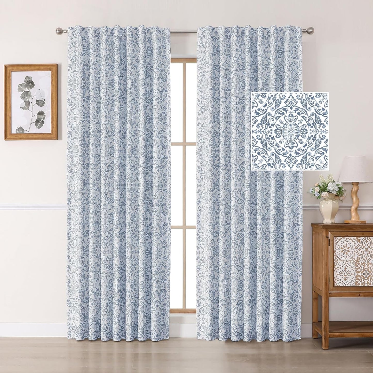 OWENIE Total Blackout Curtains for Bedroom 84 Inches Long 2 Panels, Medallion Printing Thermal Insulated Linen Double Layer Curtains for Living Room, Elegant Back Tab Drapes, Each 52Wx84L, Sage Green
