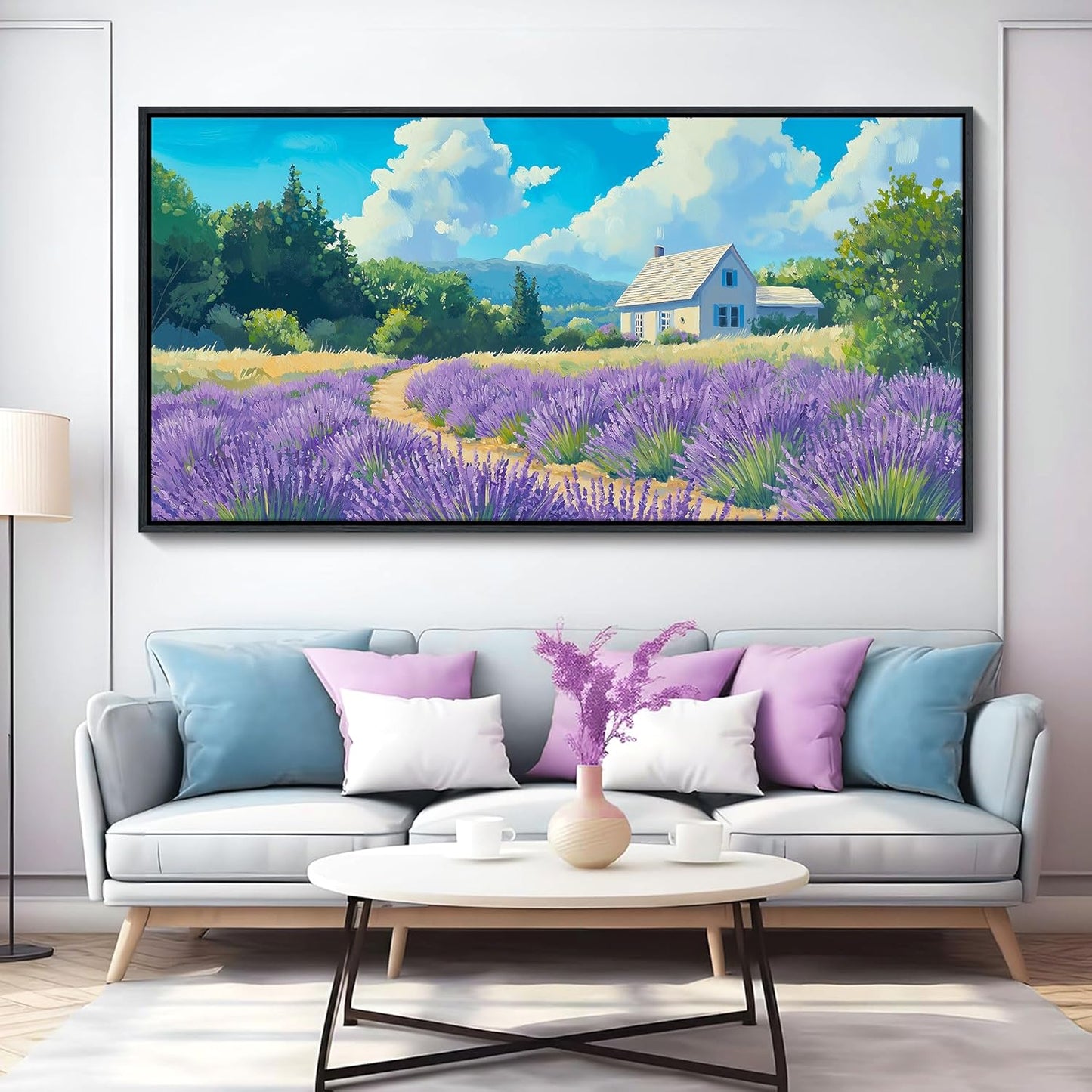 HKDGOKA Large Landscape Canvas Wall Art, Green Mountains Purple Clouds Flower Scenery Canvas Pictures Paintings Artwork for Living Room Bedroom Office Kitchen Home Wall Decor 32x71 IN