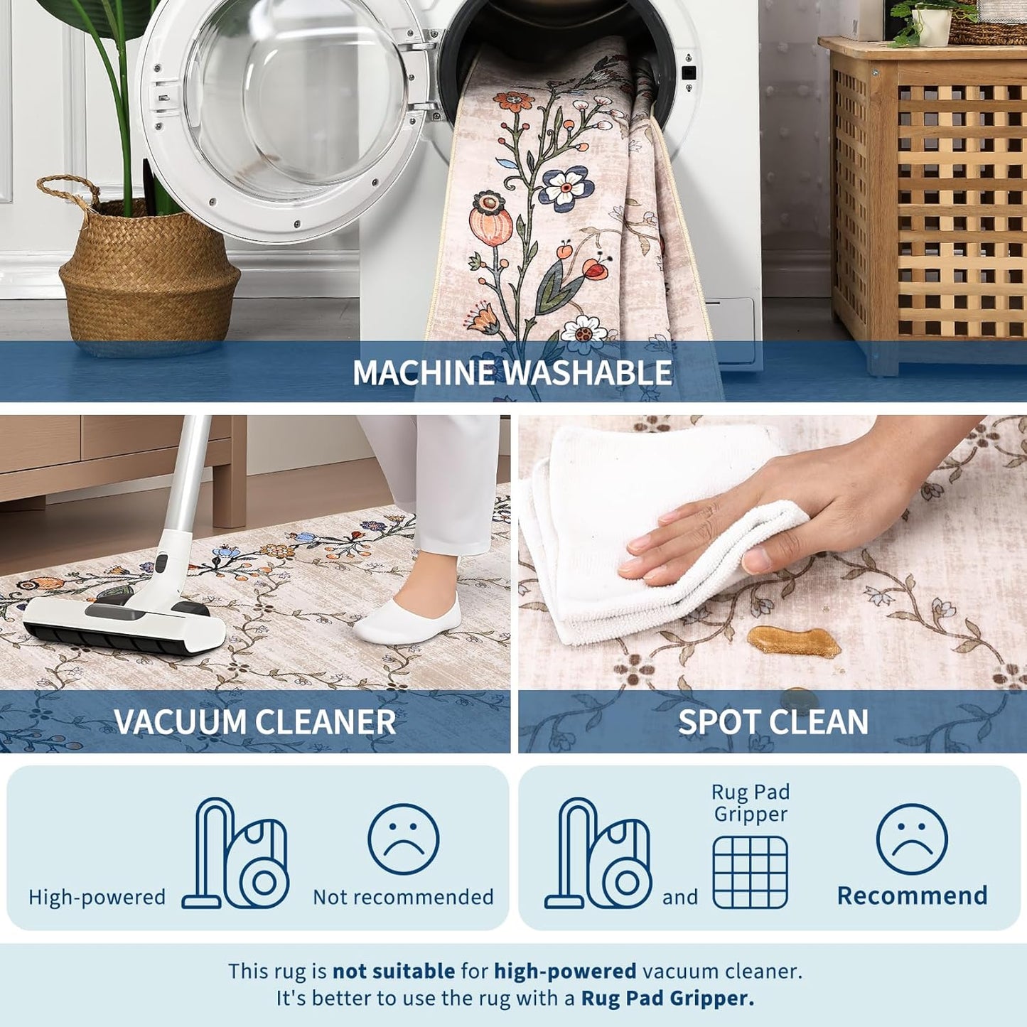 GarveeHome 5x7 Washable Floral Area Rugs for Living Room: Modern Floral Non Slip Large Area Rugs for Bedroom, Large Machine Washable Living Room Low Pile Carpet with Non-Slip Backing Beige 5'x7'.