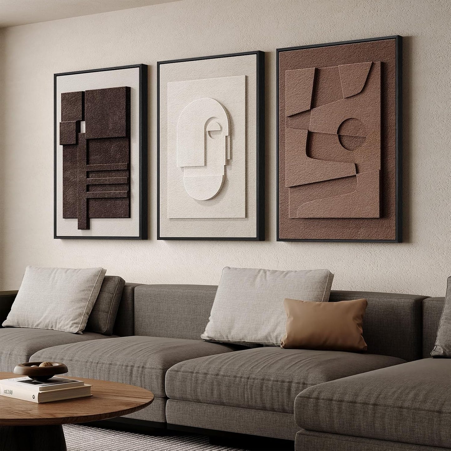 Large 3D Textured Framed Abstract Wall Art for Living Room, 3 Piece Modern Paintings Artwork for Walls, Black White Brown Geometric Sandstone Texture Pictures for Hallway Office Wall Decor 24x36 In