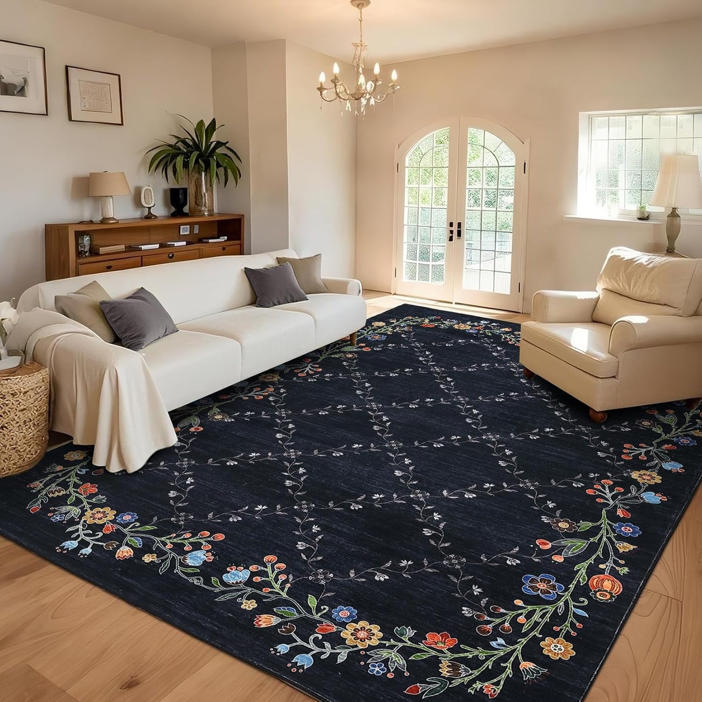 GarveeHome 5x7 Washable Floral Area Rugs for Living Room: Modern Floral Non Slip Large Area Rugs for Bedroom, Large Machine Washable Living Room Low Pile Carpet with Non-Slip Backing Beige 5'x7'.