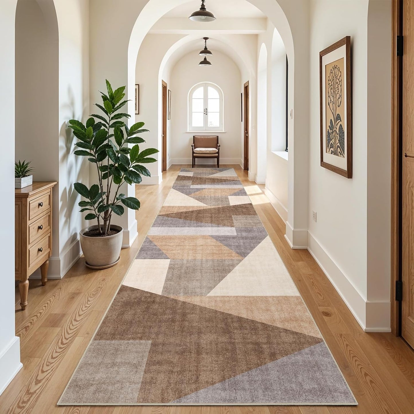 Washable Modern Area Rug: 10x14 Large Geometric Area Rugs for Living Room & Bedroom with Non-Slip Backing Modern Geometric Carpet for Living Room Brown Grey 10'x14'.