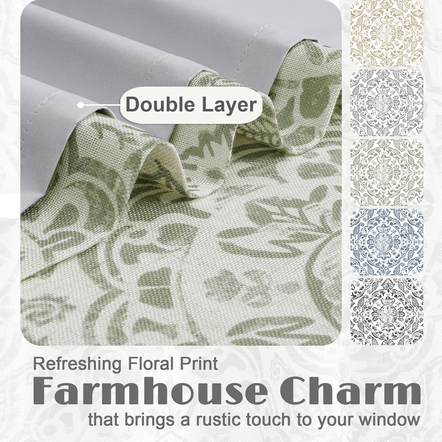 OWENIE Total Blackout Curtains for Bedroom 84 Inches Long 2 Panels, Medallion Printing Thermal Insulated Linen Double Layer Curtains for Living Room, Elegant Back Tab Drapes, Each 52Wx84L, Sage Green