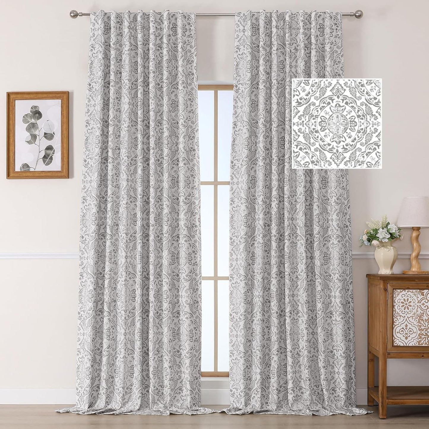 OWENIE Total Blackout Curtains for Bedroom 84 Inches Long 2 Panels, Medallion Printing Thermal Insulated Linen Double Layer Curtains for Living Room, Elegant Back Tab Drapes, Each 52Wx84L, Sage Green