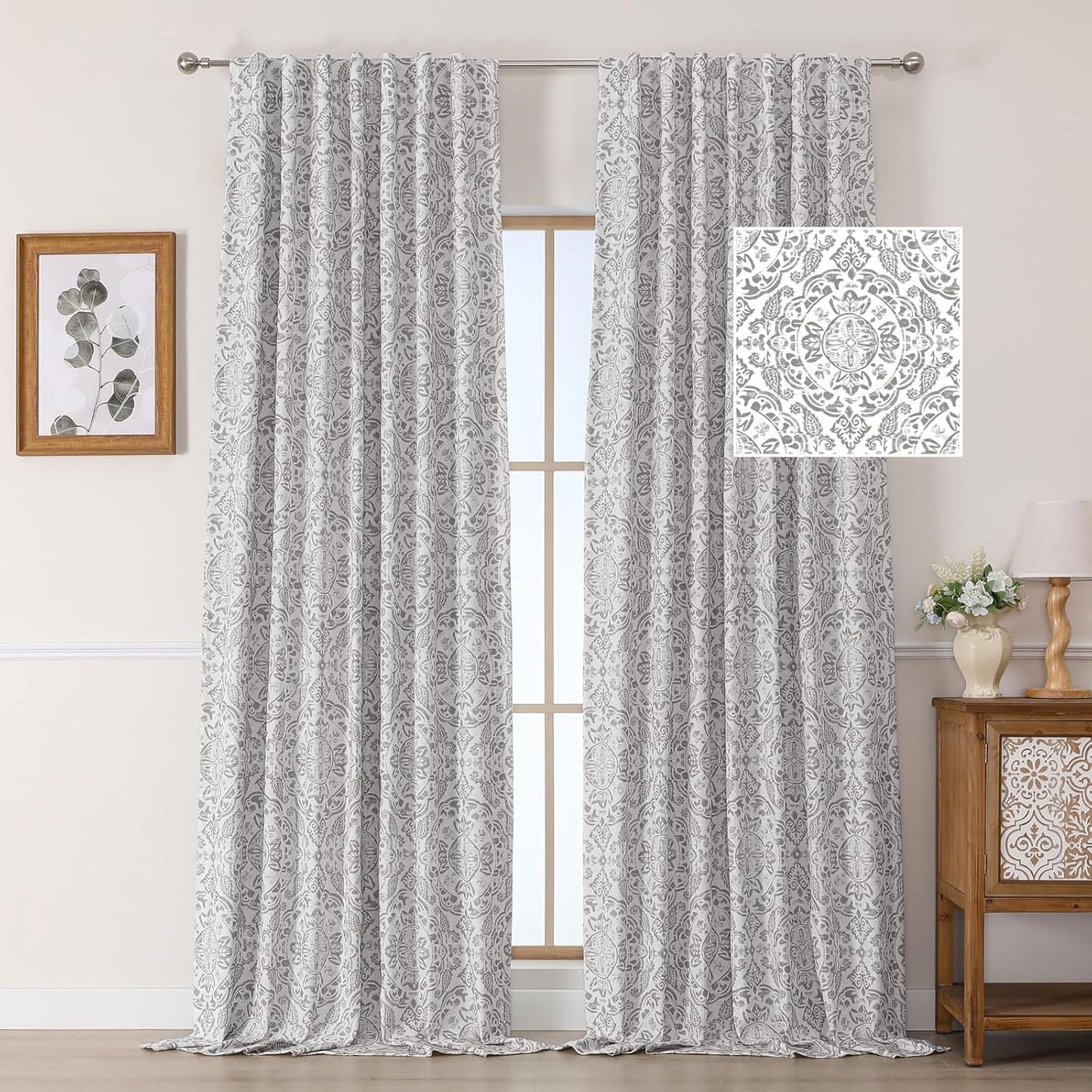 OWENIE Total Blackout Curtains for Bedroom 84 Inches Long 2 Panels, Medallion Printing Thermal Insulated Linen Double Layer Curtains for Living Room, Elegant Back Tab Drapes, Each 52Wx84L, Sage Green