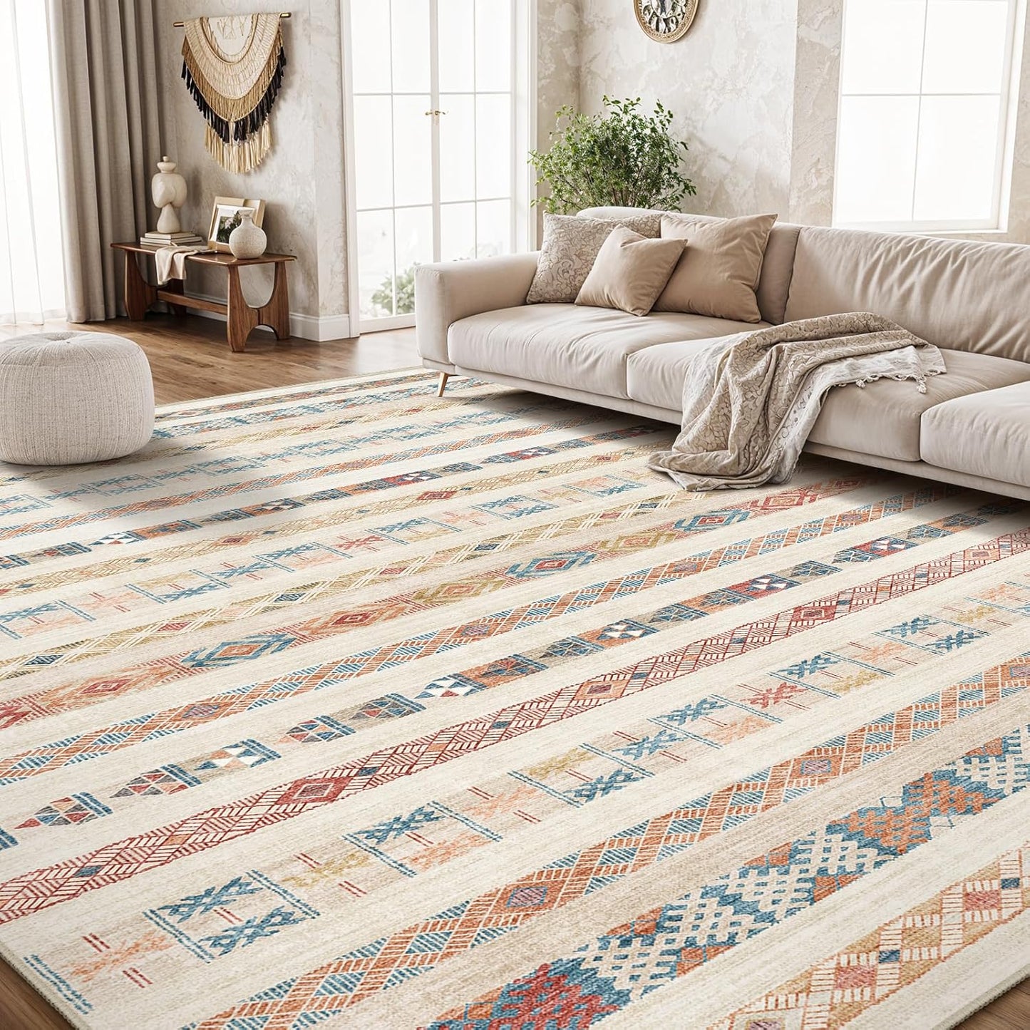 Washable Modern Area Rug: 10x14 Large Geometric Area Rugs for Living Room & Bedroom with Non-Slip Backing Modern Geometric Carpet for Living Room Brown Grey 10'x14'.
