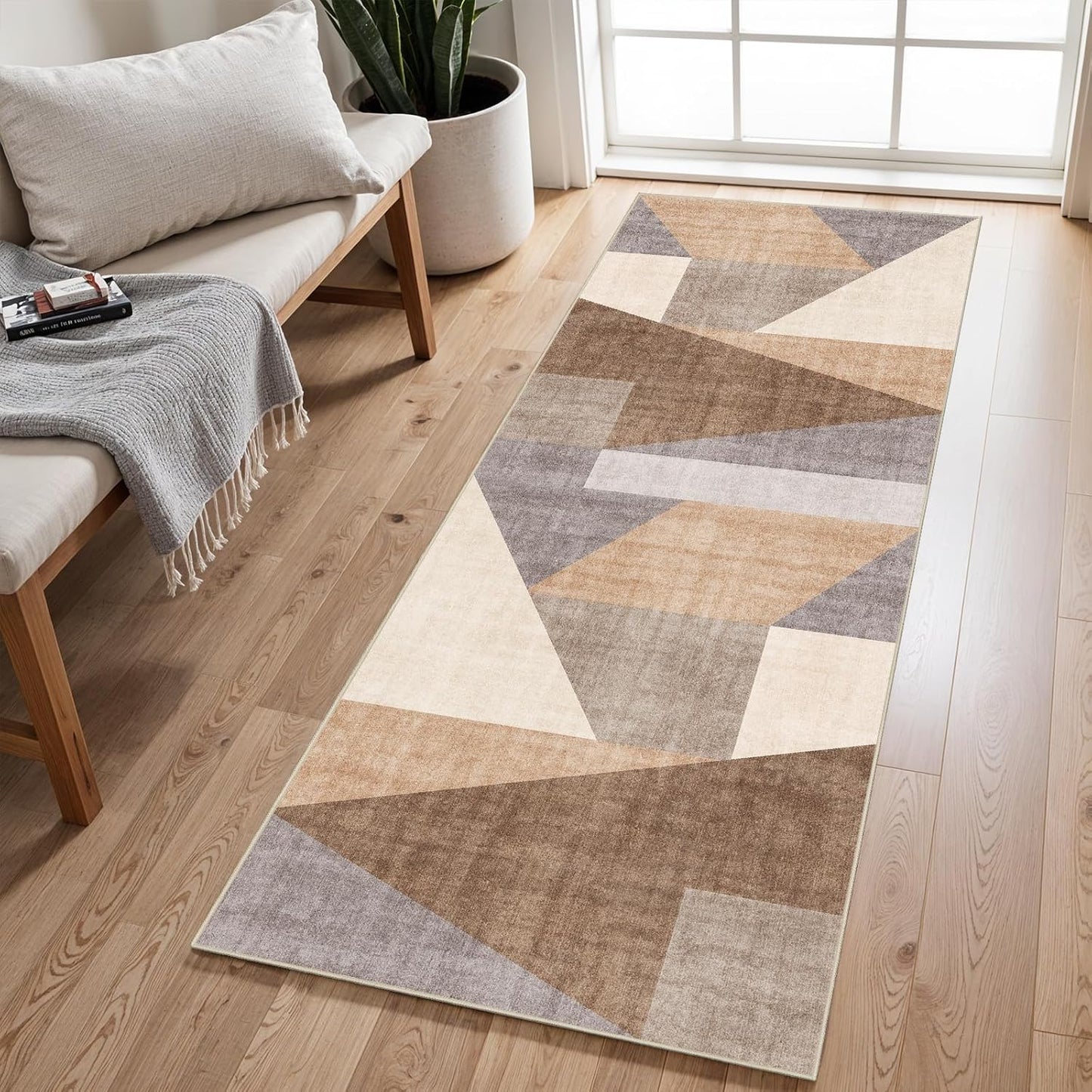 Washable Modern Area Rug: 10x14 Large Geometric Area Rugs for Living Room & Bedroom with Non-Slip Backing Modern Geometric Carpet for Living Room Brown Grey 10'x14'.