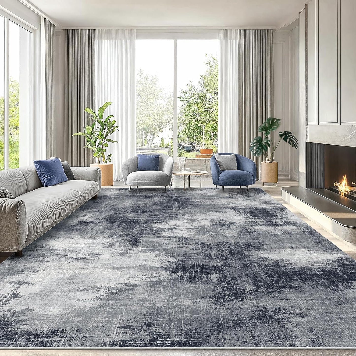 AMADA HOMEFURNISHING 8x10 Washable Area Rug, Modern Abstract Living Room Rug with Non-Slip Backing & Short Pile, Large Rug with Abstract Pattern for Living Room, Bedroom and Dinning Room, Dark Blue