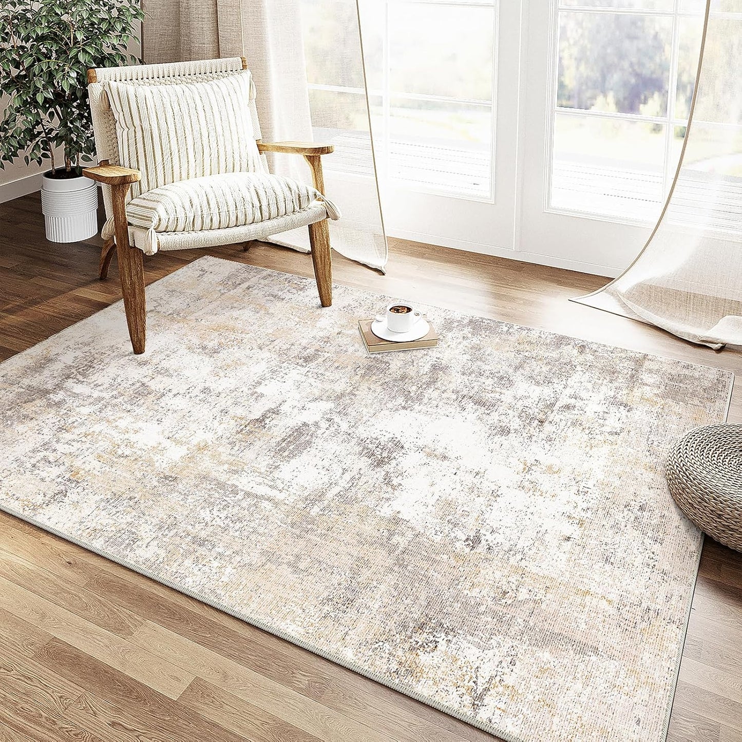 6x9 Washable Area Rug Beige Grey Neutral Abstract Living Room Bedroom Large Throw Rug Non Slip Soft Low Pile Indoor Floor Carpet for Dining Room Kitchen Office Entryway