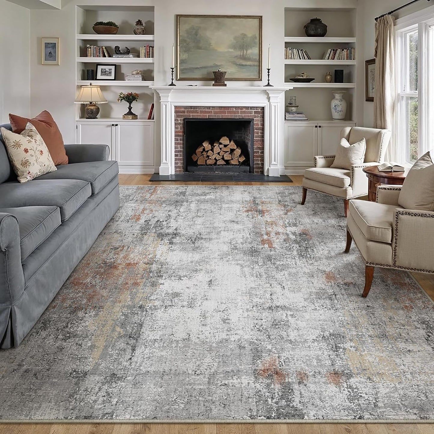 6x9 Washable Area Rug Beige Grey Neutral Abstract Living Room Bedroom Large Throw Rug Non Slip Soft Low Pile Indoor Floor Carpet for Dining Room Kitchen Office Entryway