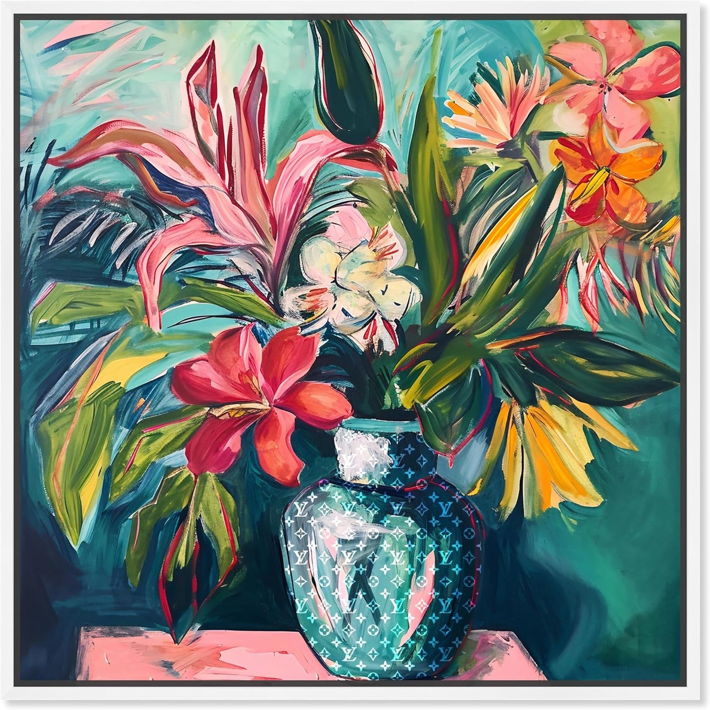 Vase Of Tropical Flowers Framed Flowers In Vase Paintings, 41.5" x 41.5", Gold Frame