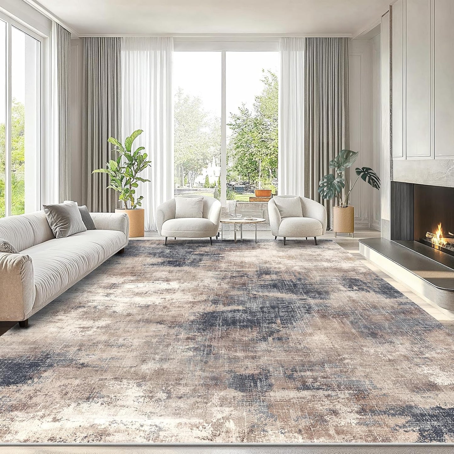 AMADA HOMEFURNISHING 8x10 Washable Area Rug, Modern Abstract Living Room Rug with Non-Slip Backing & Short Pile, Large Rug with Abstract Pattern for Living Room, Bedroom and Dinning Room, Dark Blue