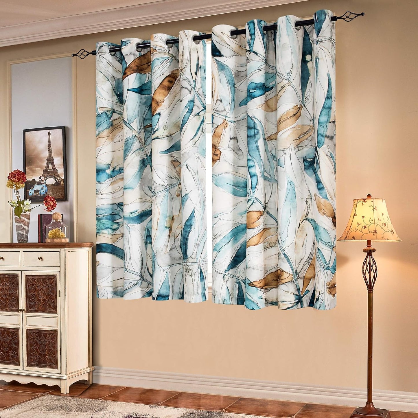 SUBRTEX Light Flitering Curtains 52Wx84L, Room Darkening Vibrant Floral Drapes, 50% Blackout, Semi Sheer Boho Farmhouse Curtains for Living Room, Brown