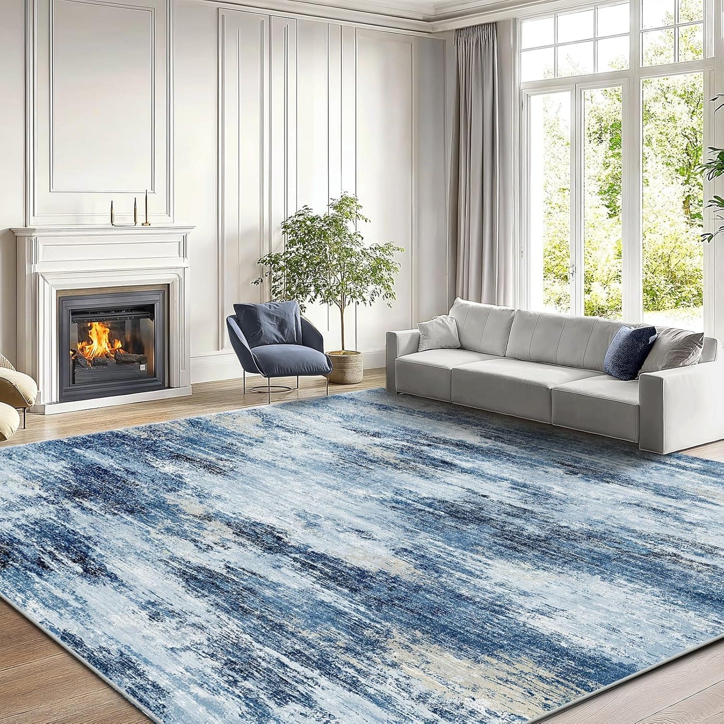 AMADA HOMEFURNISHING 8x10 Washable Area Rug, Modern Abstract Living Room Rug with Non-Slip Backing & Short Pile, Large Rug with Abstract Pattern for Living Room, Bedroom and Dinning Room, Dark Blue
