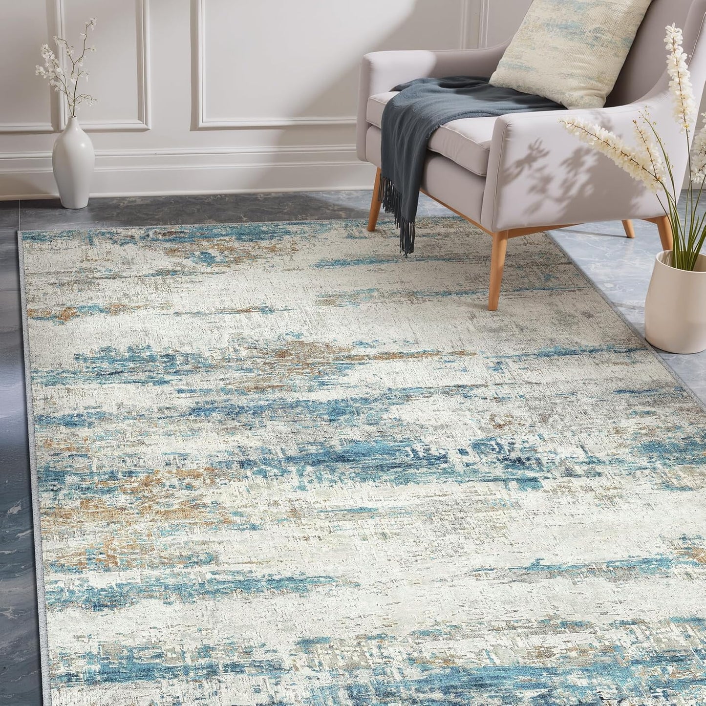 Washable Brown Area Rug 8x10 Modern Abstract Living Room Large Carpet Bedroom Neutral Soft Throw Rug Low Pile Non Slip Indoor Contemporary Floor Cover for Dining Room Office