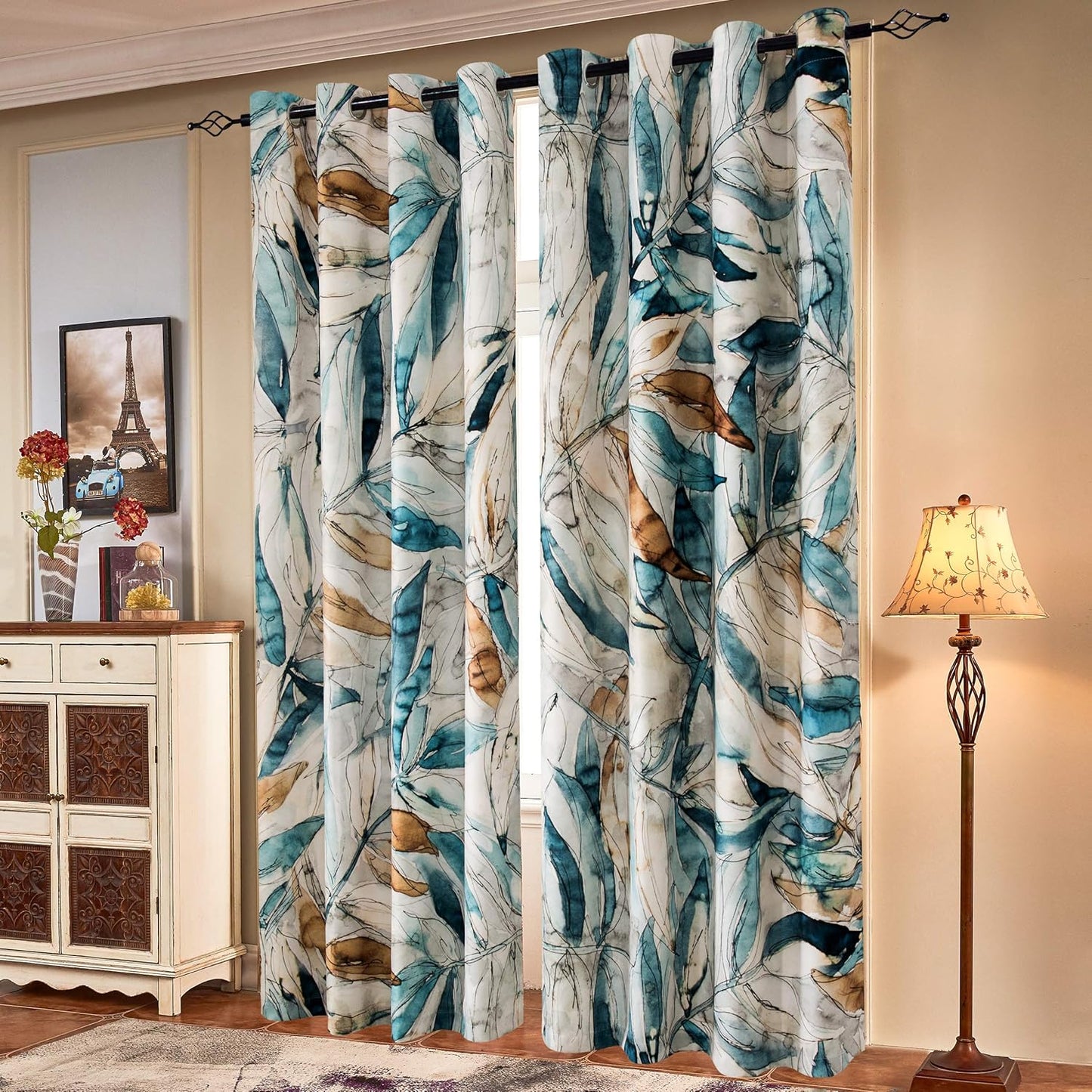SUBRTEX Light Flitering Curtains 52Wx84L, Room Darkening Vibrant Floral Drapes, 50% Blackout, Semi Sheer Boho Farmhouse Curtains for Living Room, Brown