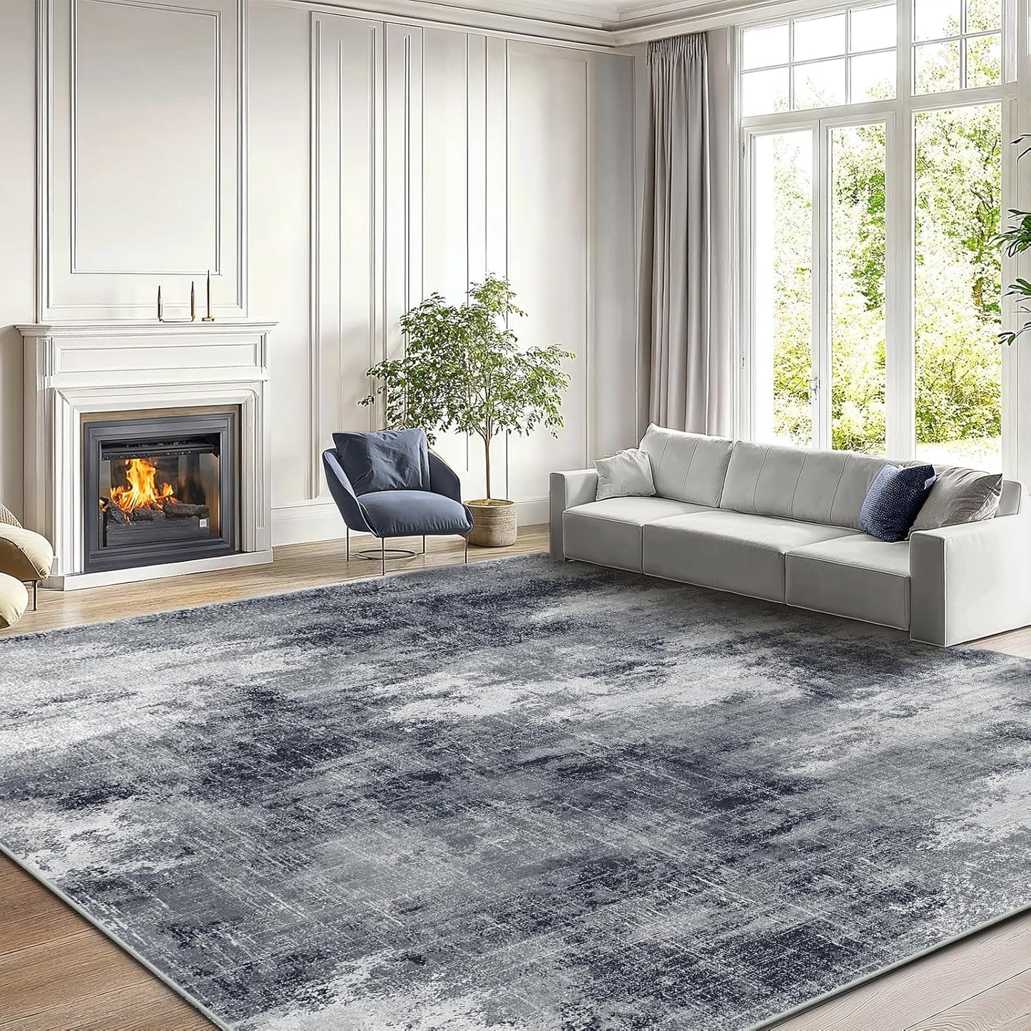 AMADA HOMEFURNISHING 8x10 Washable Area Rug, Modern Abstract Living Room Rug with Non-Slip Backing & Short Pile, Large Rug with Abstract Pattern for Living Room, Bedroom and Dinning Room, Dark Blue