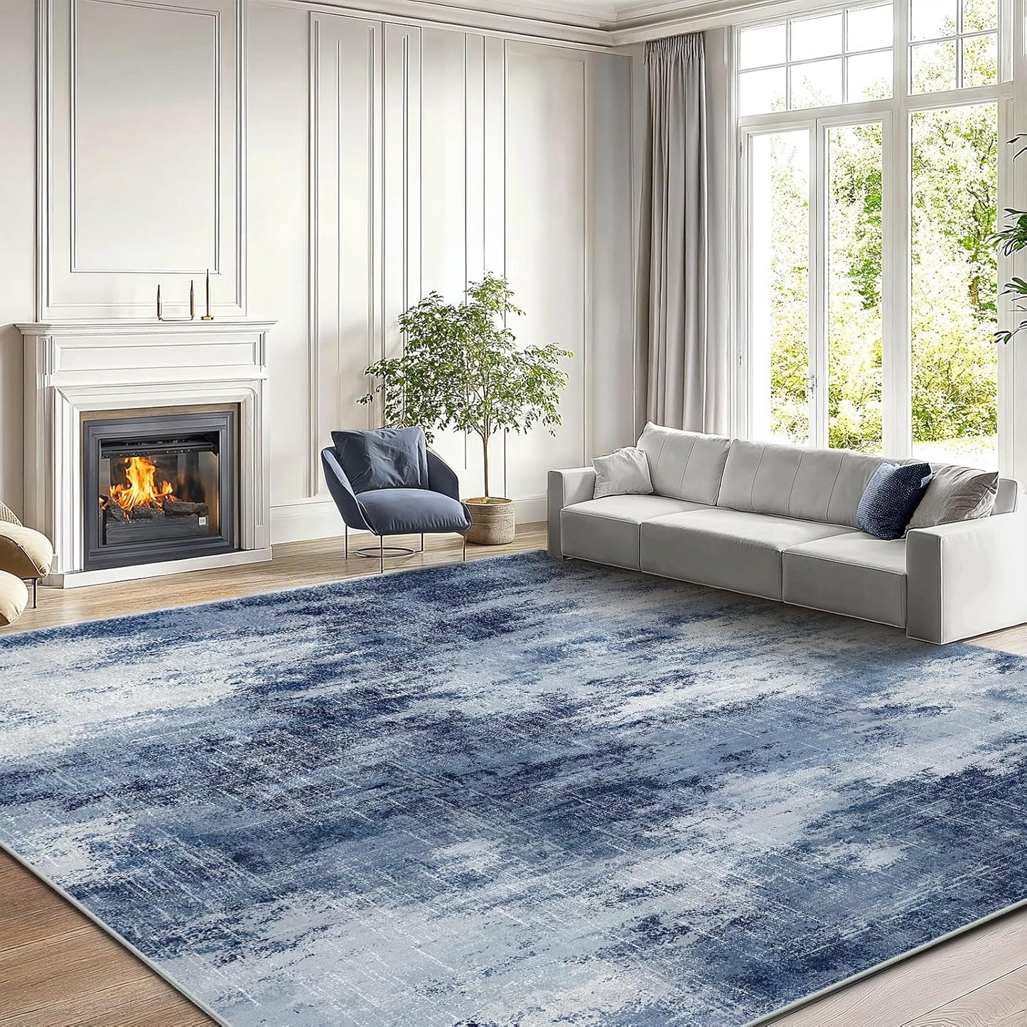 AMADA HOMEFURNISHING 8x10 Washable Area Rug, Modern Abstract Living Room Rug with Non-Slip Backing & Short Pile, Large Rug with Abstract Pattern for Living Room, Bedroom and Dinning Room, Dark Blue