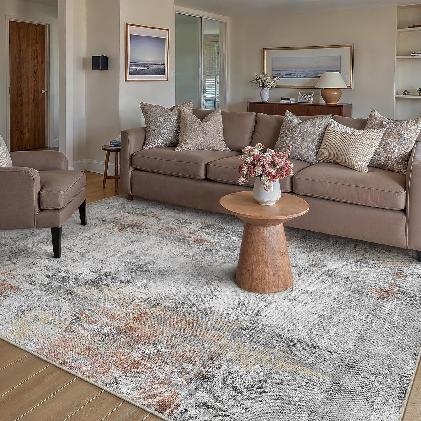 6x9 Washable Area Rug Beige Grey Neutral Abstract Living Room Bedroom Large Throw Rug Non Slip Soft Low Pile Indoor Floor Carpet for Dining Room Kitchen Office Entryway
