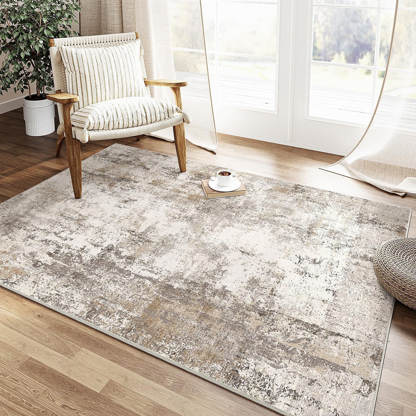 6x9 Washable Area Rug Beige Grey Neutral Abstract Living Room Bedroom Large Throw Rug Non Slip Soft Low Pile Indoor Floor Carpet for Dining Room Kitchen Office Entryway