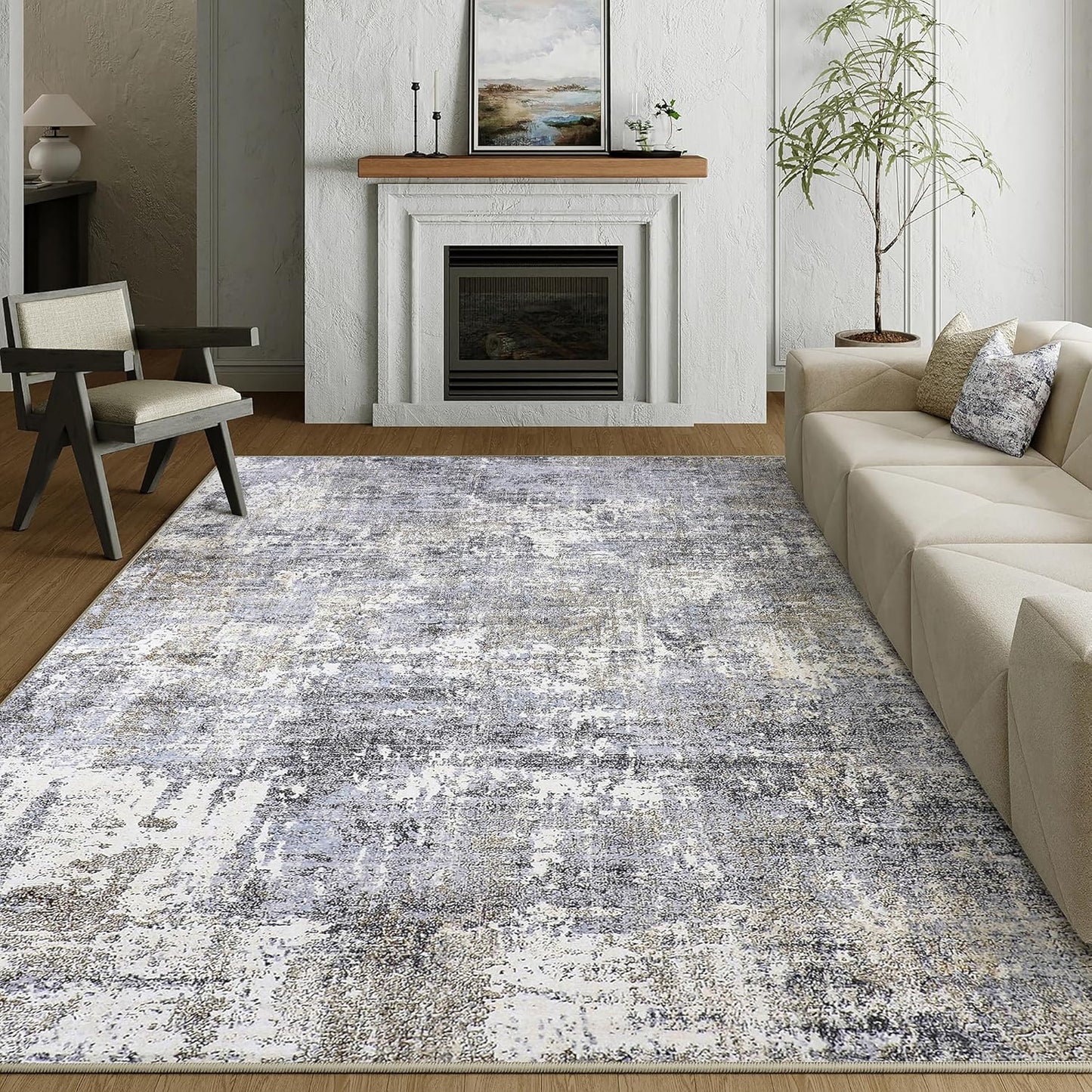 Washable Brown Area Rug 8x10 Modern Abstract Living Room Large Carpet Bedroom Neutral Soft Throw Rug Low Pile Non Slip Indoor Contemporary Floor Cover for Dining Room Office