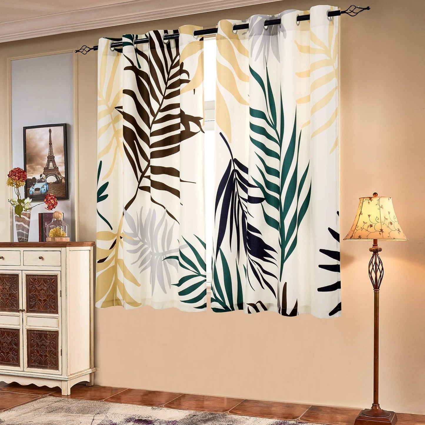 SUBRTEX Light Flitering Curtains 52Wx84L, Room Darkening Vibrant Floral Drapes, 50% Blackout, Semi Sheer Boho Farmhouse Curtains for Living Room, Brown