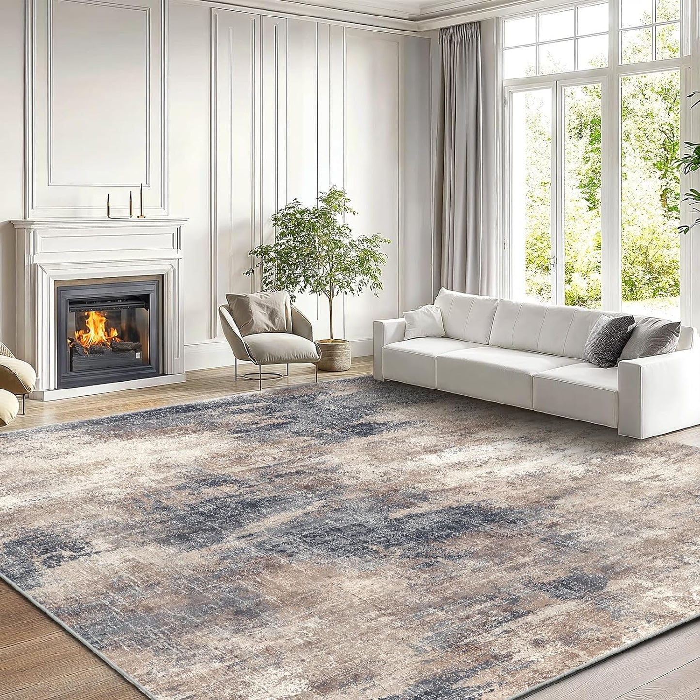 AMADA HOMEFURNISHING 8x10 Washable Area Rug, Modern Abstract Living Room Rug with Non-Slip Backing & Short Pile, Large Rug with Abstract Pattern for Living Room, Bedroom and Dinning Room, Dark Blue