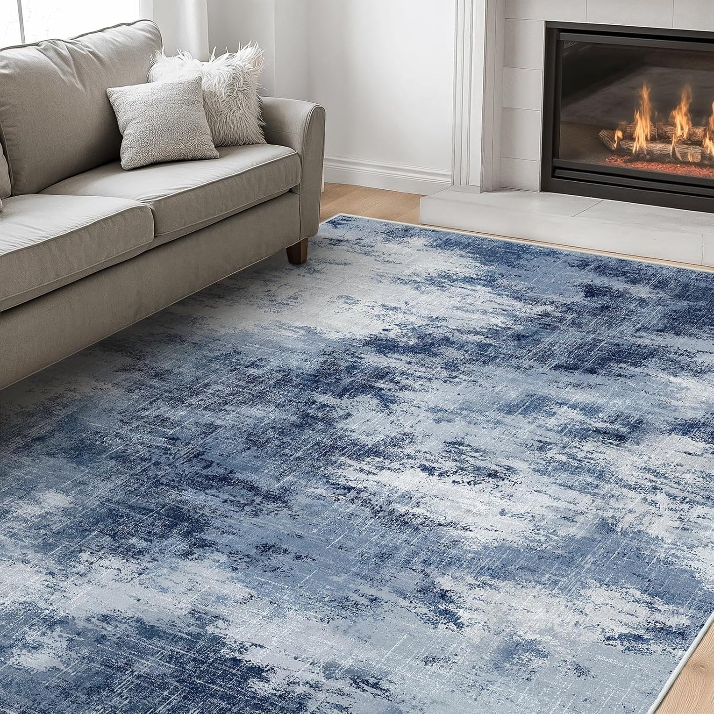 AMADA HOMEFURNISHING 8x10 Washable Area Rug, Modern Abstract Living Room Rug with Non-Slip Backing & Short Pile, Large Rug with Abstract Pattern for Living Room, Bedroom and Dinning Room, Dark Blue