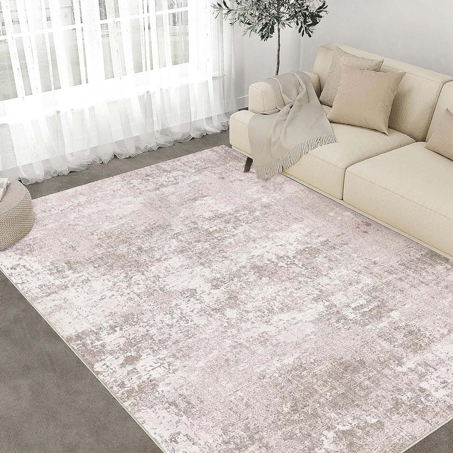 Washable Brown Area Rug 8x10 Modern Abstract Living Room Large Carpet Bedroom Neutral Soft Throw Rug Low Pile Non Slip Indoor Contemporary Floor Cover for Dining Room Office