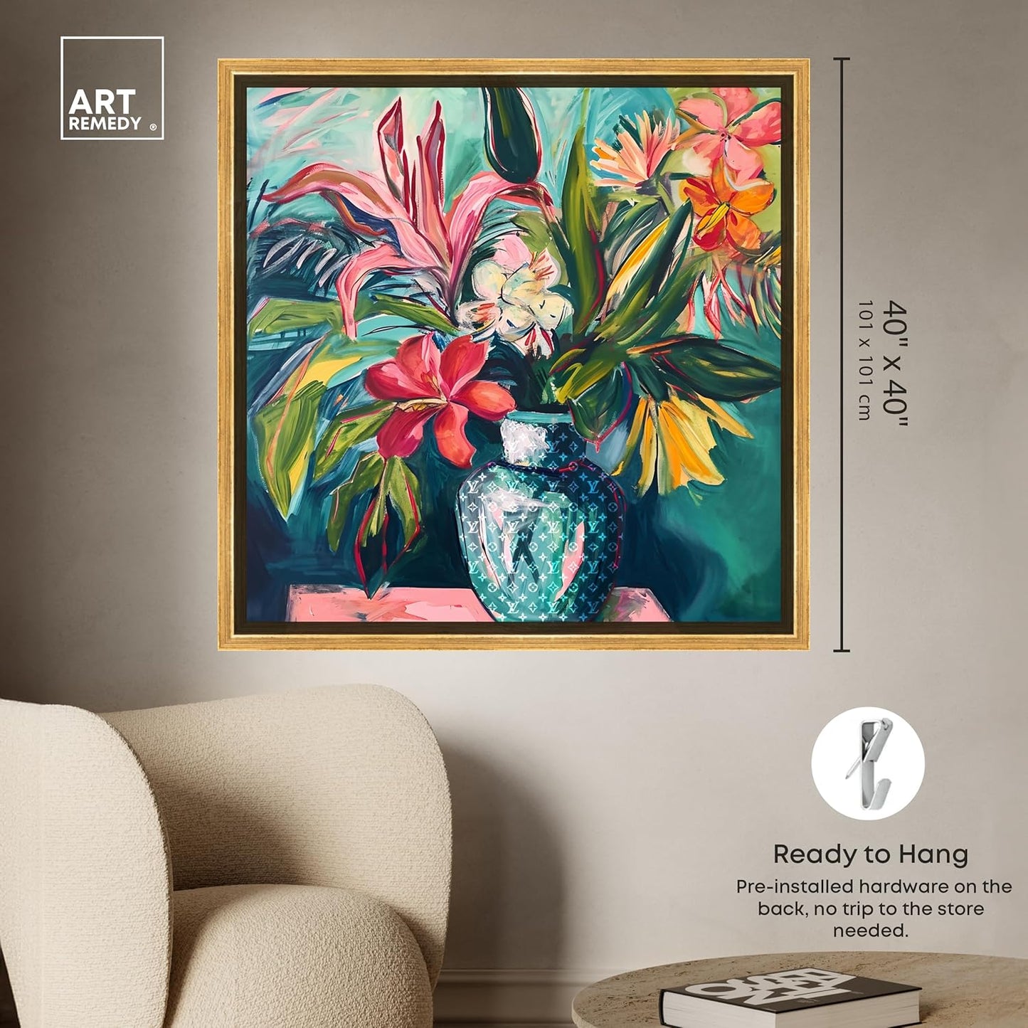 Vase Of Tropical Flowers Framed Flowers In Vase Paintings, 41.5" x 41.5", Gold Frame