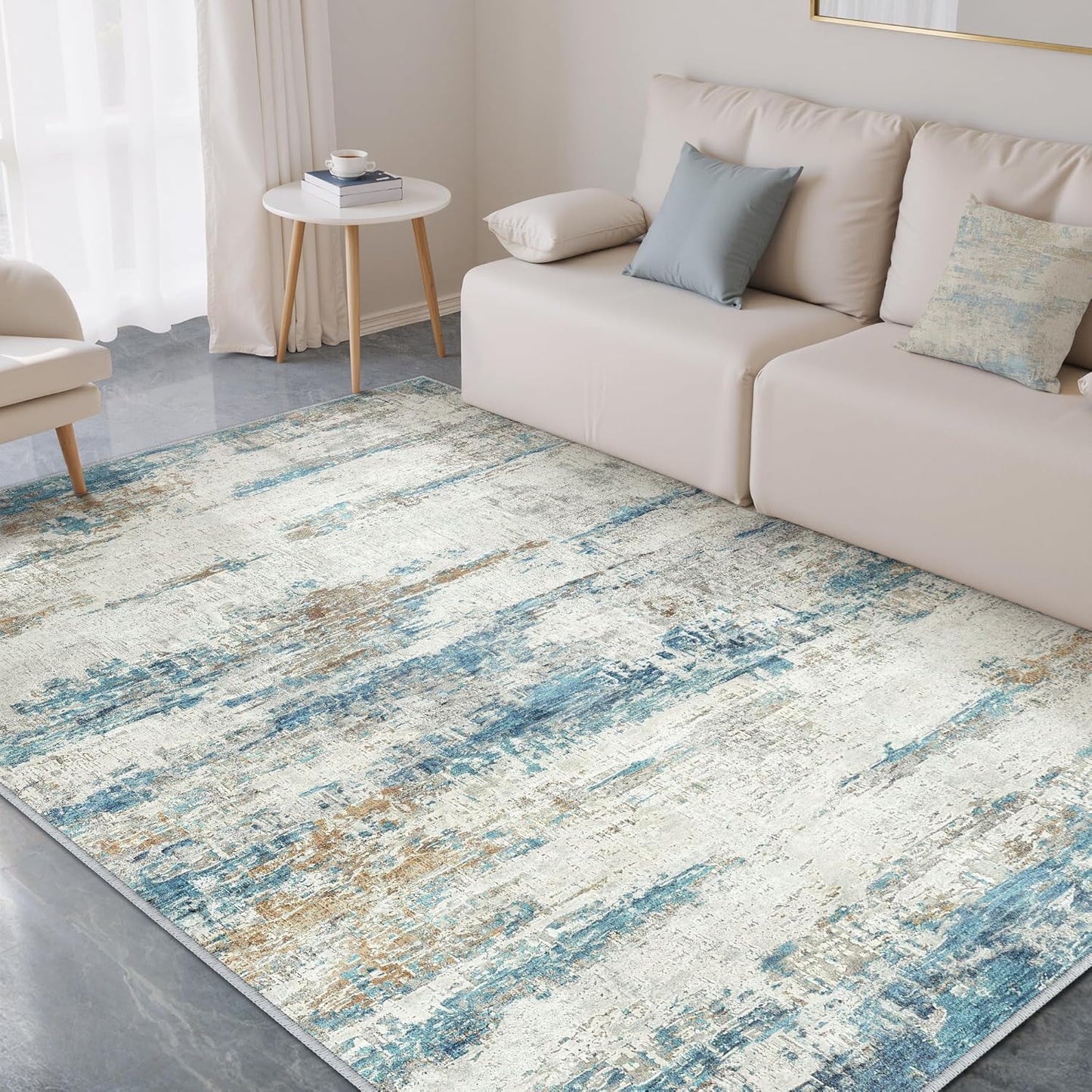 Washable Brown Area Rug 8x10 Modern Abstract Living Room Large Carpet Bedroom Neutral Soft Throw Rug Low Pile Non Slip Indoor Contemporary Floor Cover for Dining Room Office